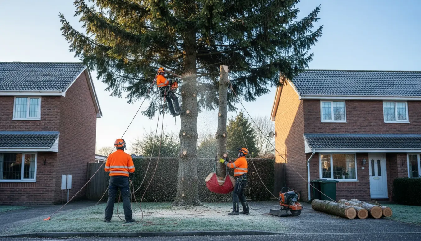 Arborister fjerner et stort grantræ tæt ved to huse med afsavede stammer og udstyr på indkørslen.