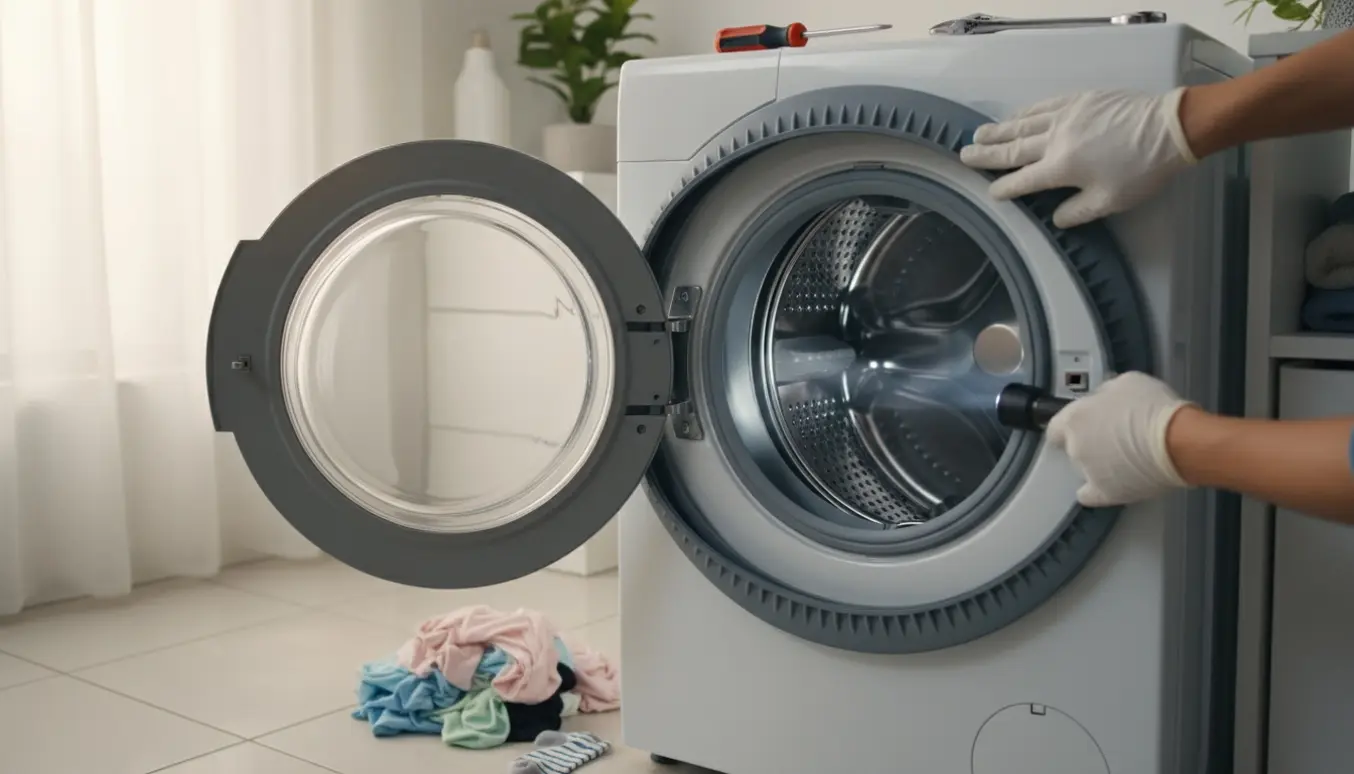 Nærbillede af en åben frontbetjent vaskemaskine, hænder undersøger og drejer tromlen med værktøj og vasketøj ved siden af.