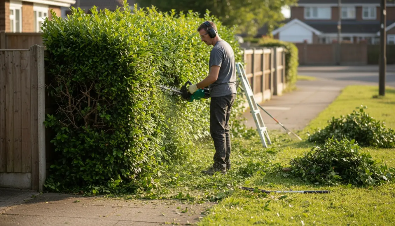 Person klipper en overgroet legusterhæk ved fortovet med afklippede kviste på jorden.