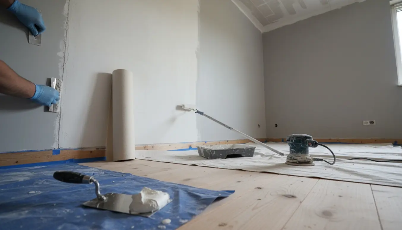 Soveværelse under fuldspartling og maling med filt, loftarbejde og slebne paneler.