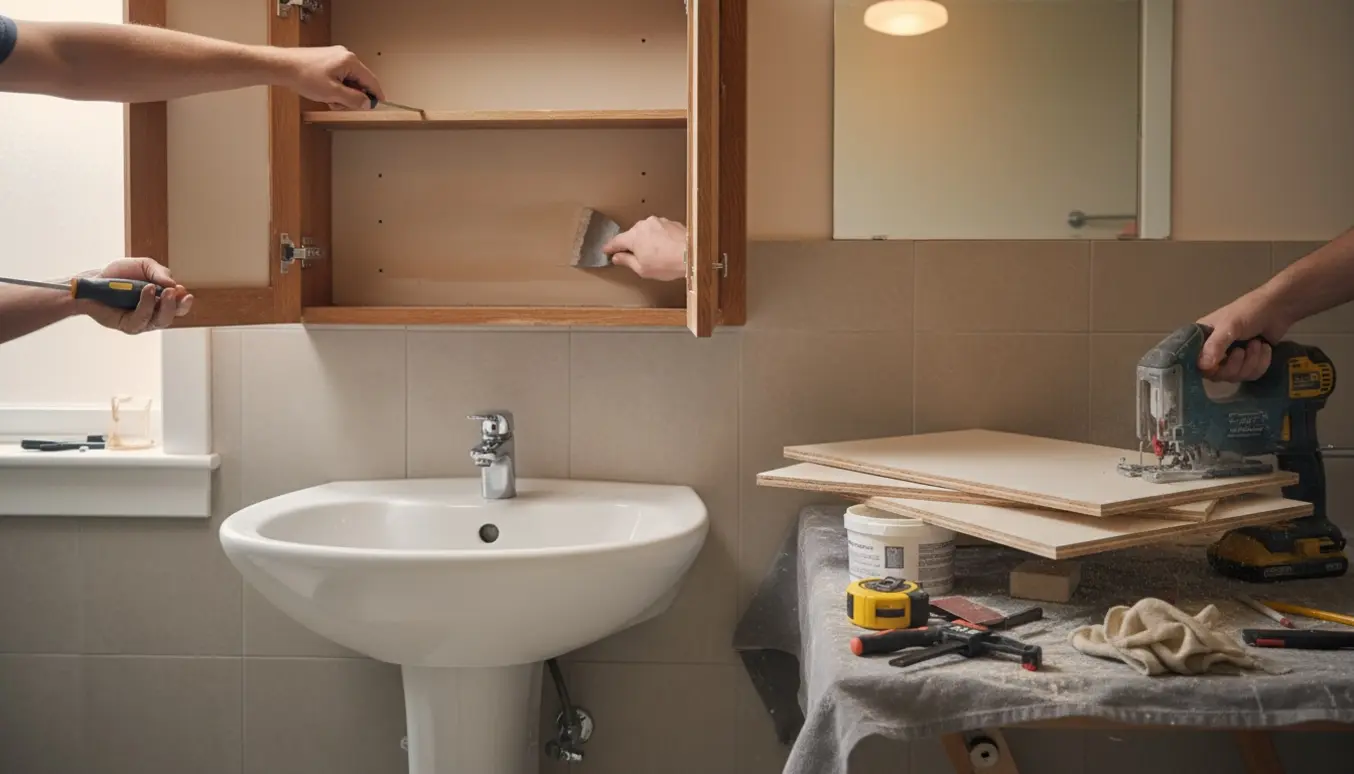 Badeværelsesskab under renovering med hænder, værktøj, nye MDF-hylder og spartlede huller klar til maling.