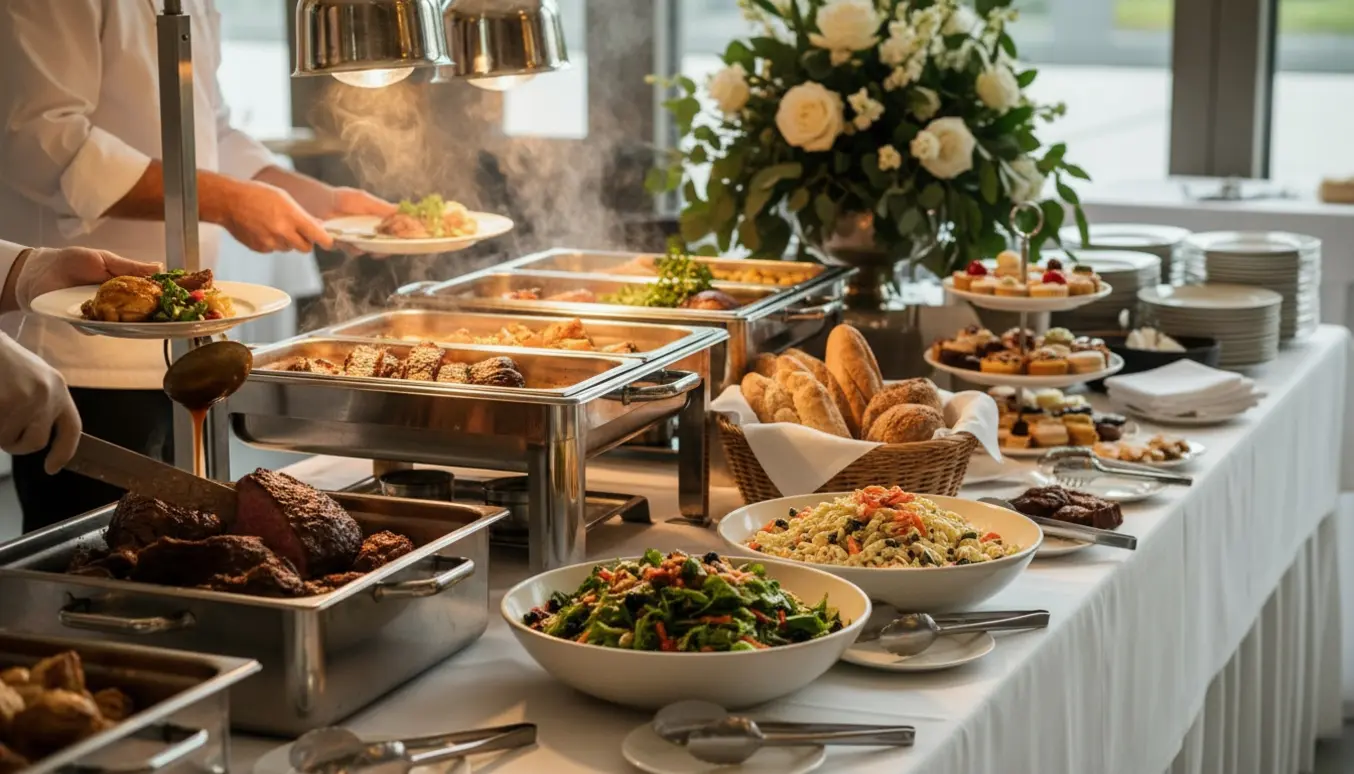 Køkkenpersonale anretter buffet med varme retter, salater og desserter til en konfirmation.