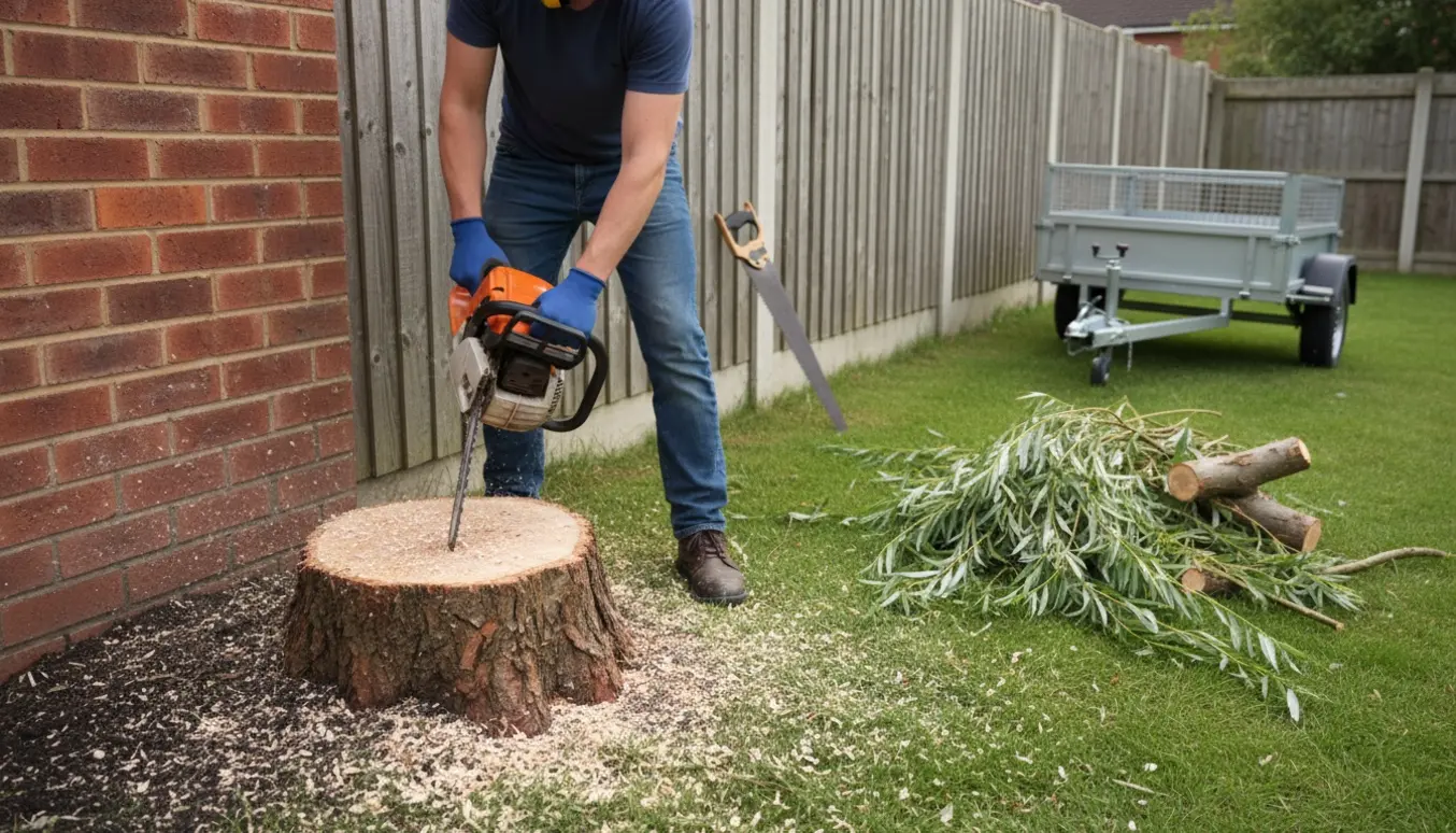 Nyfældet piletræ i havens hjørne med sav, skåret stub, grenbunke og trailer klar til bortskaffelse.