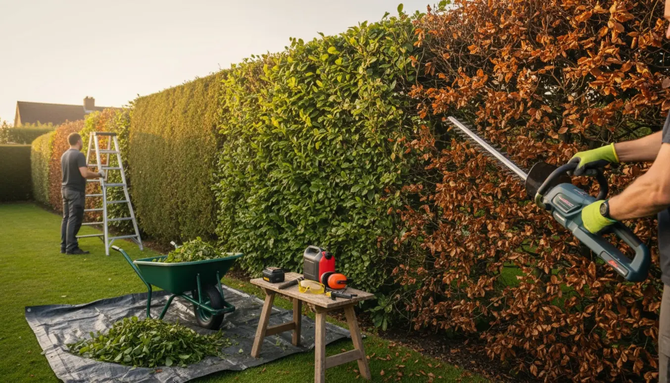Hænder i handsker klipper en lang bøgehæk med en el-hækkeklipper, afklip samlet i forgrunden.