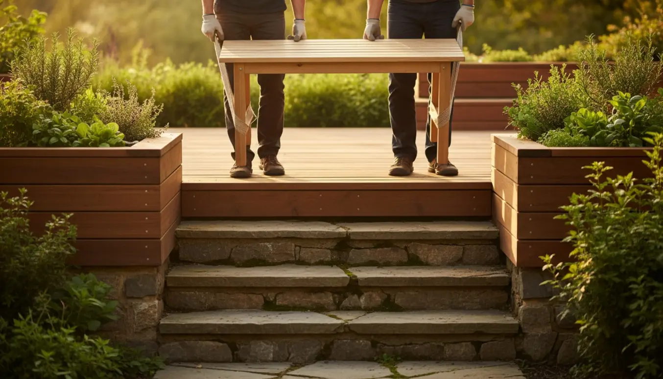 En let træhavebænk bæres op ad trappetrin til en træterrasse, set uden tydelige ansigter.