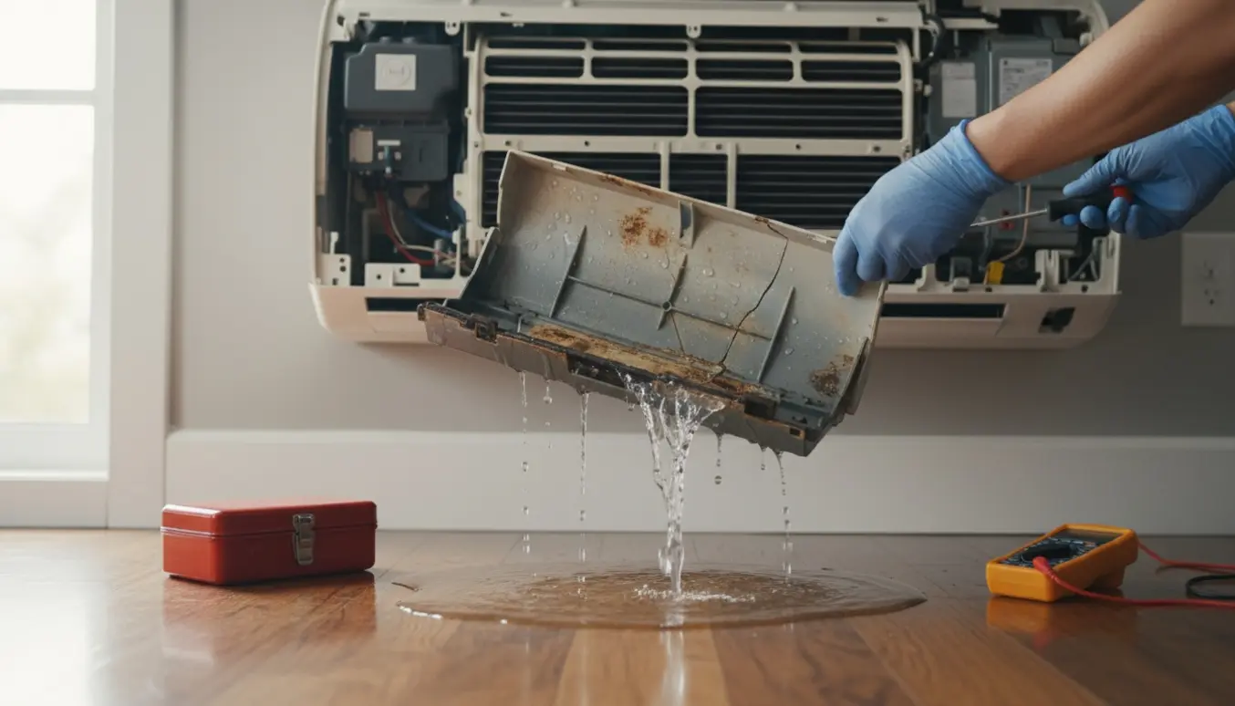Åbnet vægmonteret aircondition med dryppende kondensbakke og teknikerhænders værktøj ved siden af.