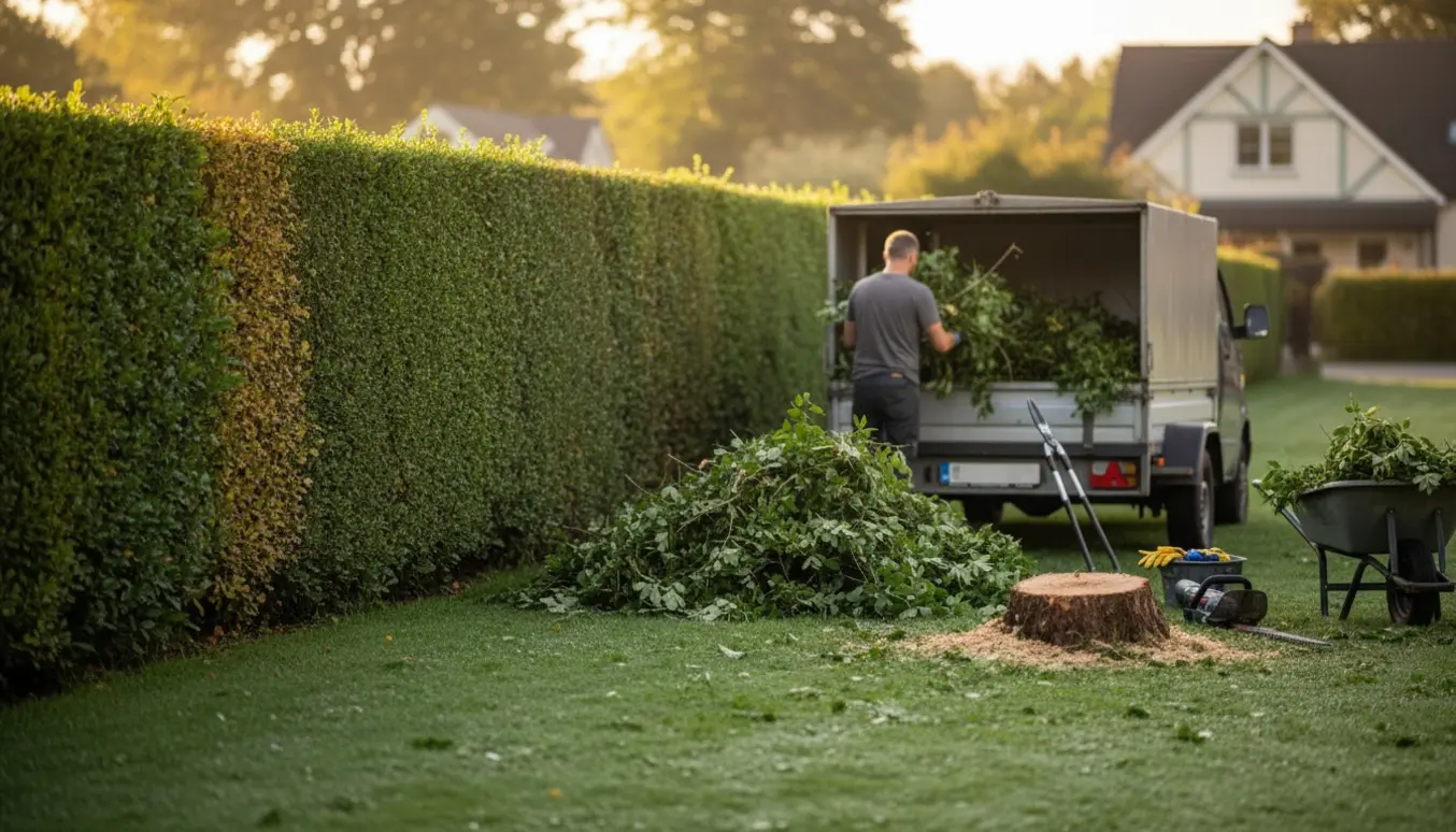 Afklippet hæk i en have med afklip samlet i trailer og en fældet busk ved en stump.