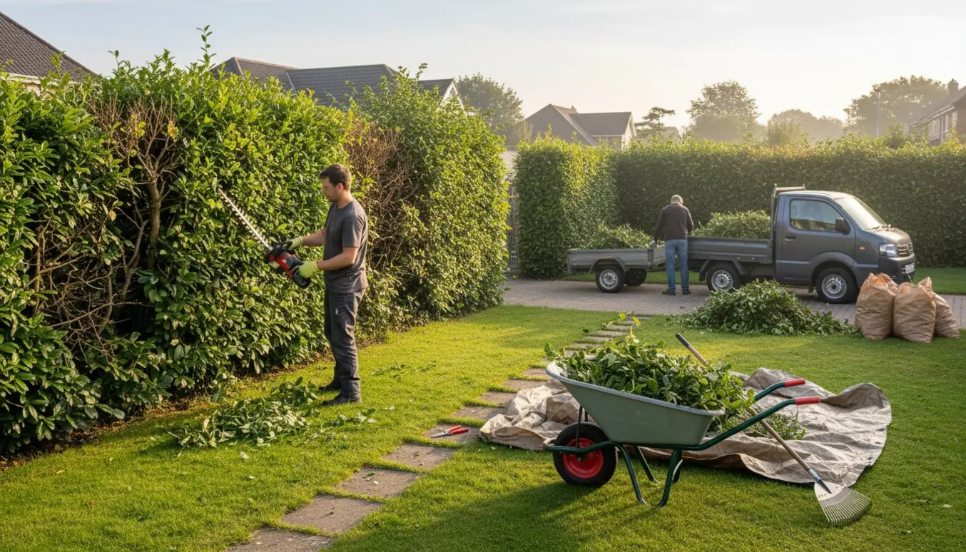 En person trimmer en ligusterhæk i en privat have, mens afklip samles i en trillebør og læsses i en trailer.
