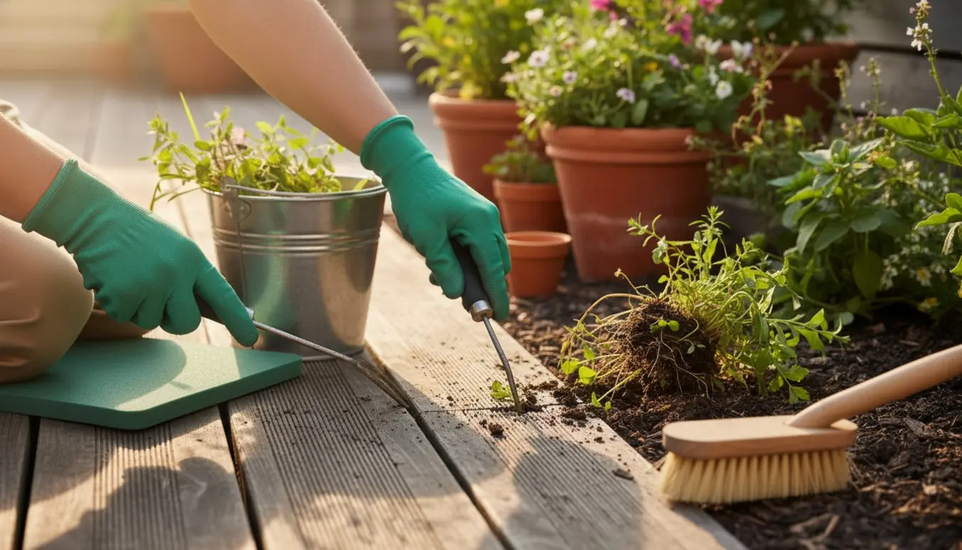 Hænder i havehandsker fjerner ukrudt mellem terrassebrædder og i blomsterbed med håndredskaber.