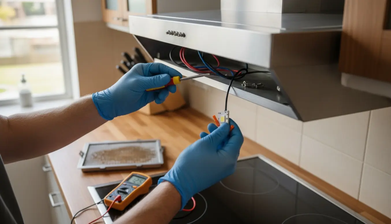 Nærbillede af hænder, der reparerer lyset i en rustfri emhætte med skruetrækker og multimeter i et lyst køkken.