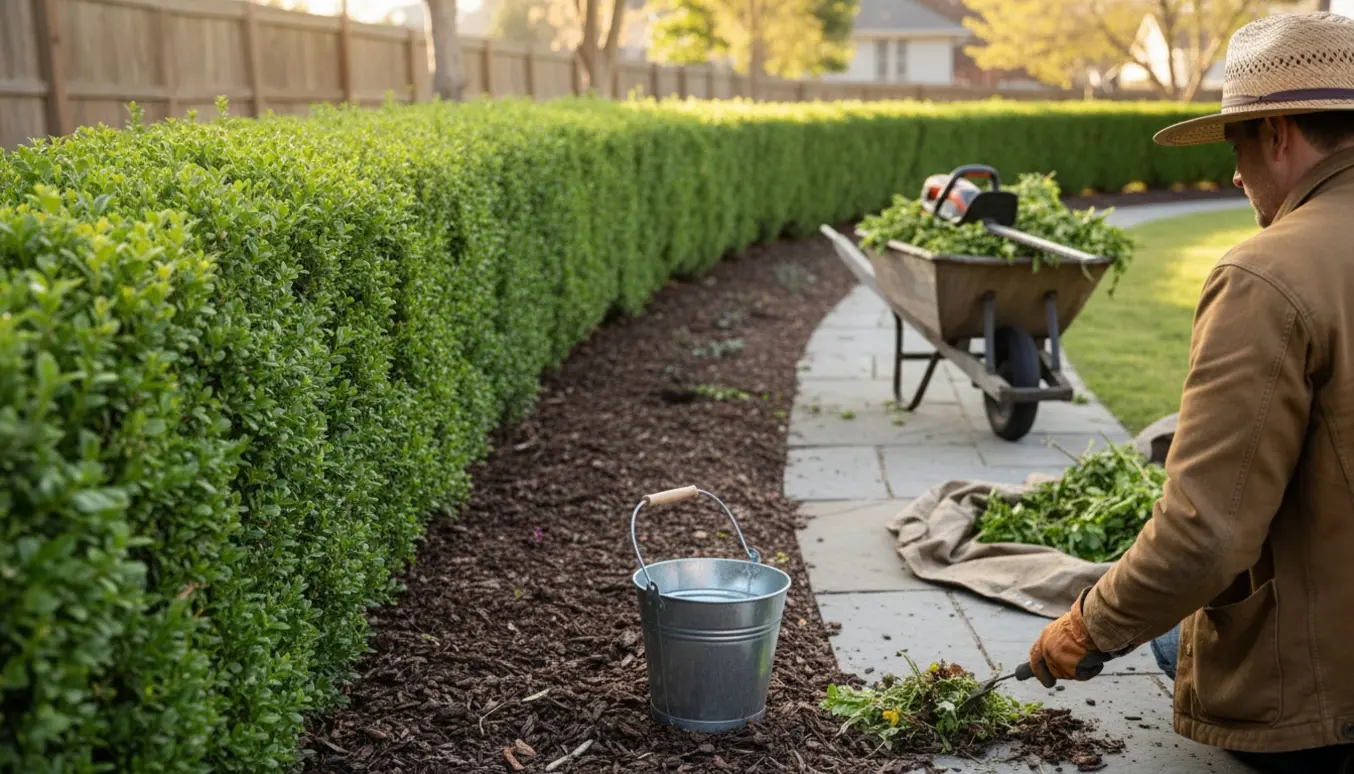 Hækkeklipning og ukrudtsfjernelse i en forhave med haveredskaber og fyldt trillebør.