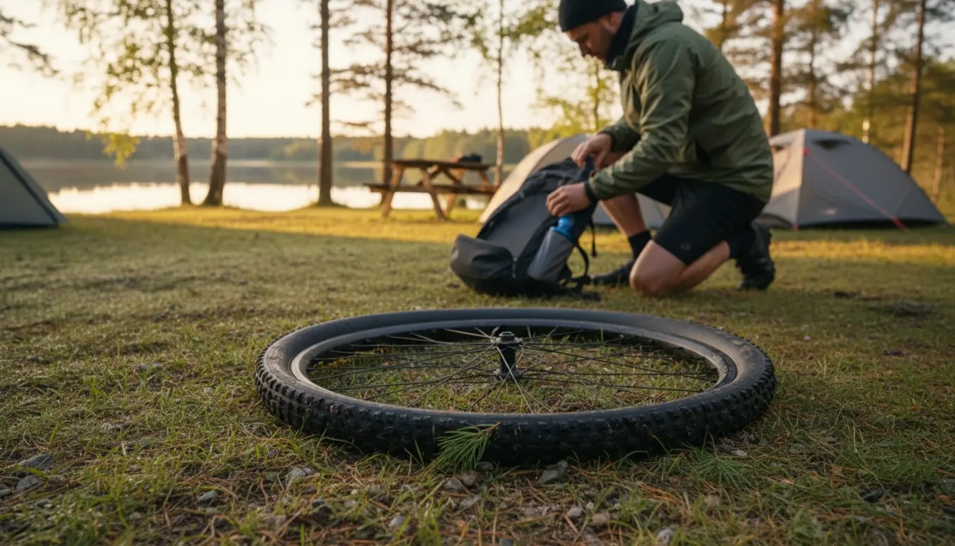 En mountainbike med et helt fladt bagdæk ved en campingplads i Søhøjlandet, Fårvang.