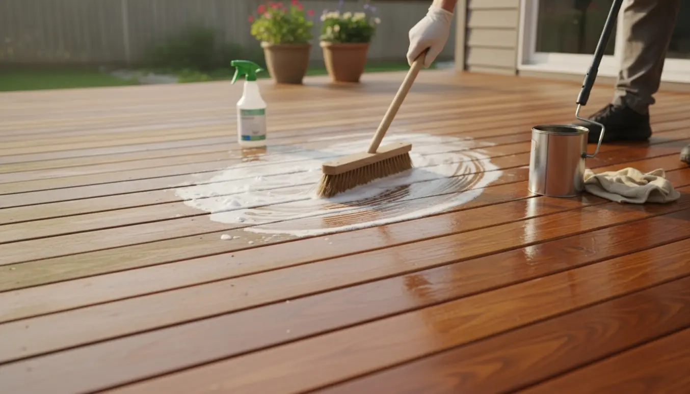 Hænder renser og imprægnerer en træterrasse, med synlig forskel mellem renset og urenset område.