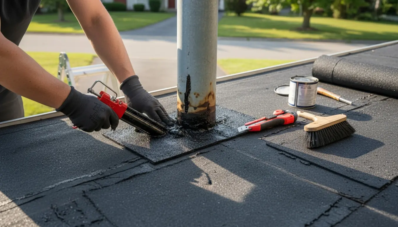 Nærbillede af handsker, der tætner revnet tagpap omkring et nedløbsrør på en flad carport.