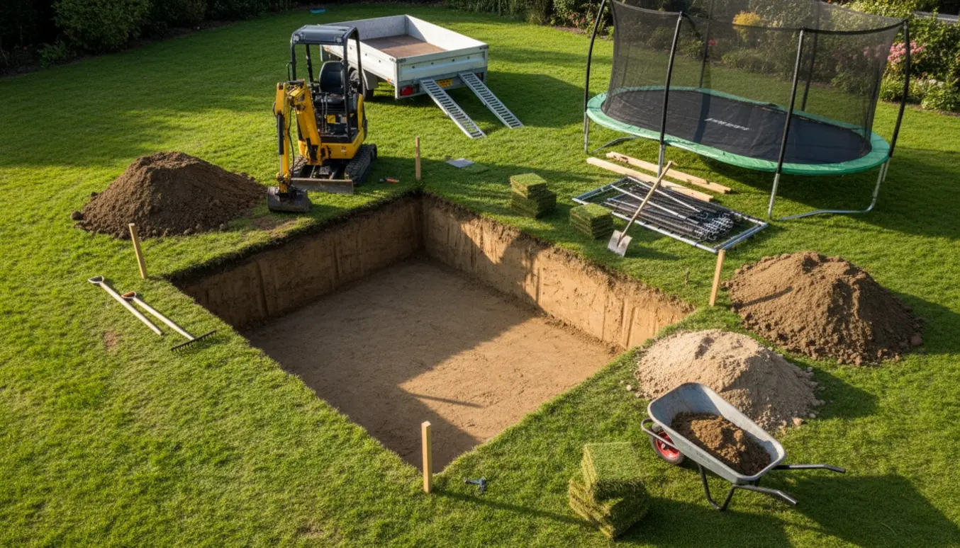 Udgravning til trampolin med rektangulært hul, jordbunker og haveværktøj i en solrig have.