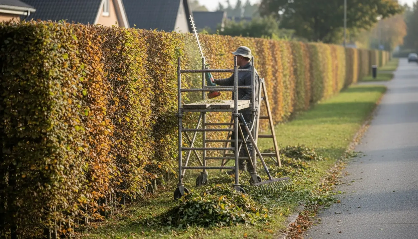 Bøgehæk i Hals under klipning med rullestillads, stige og afklip samlet i lave bunker.