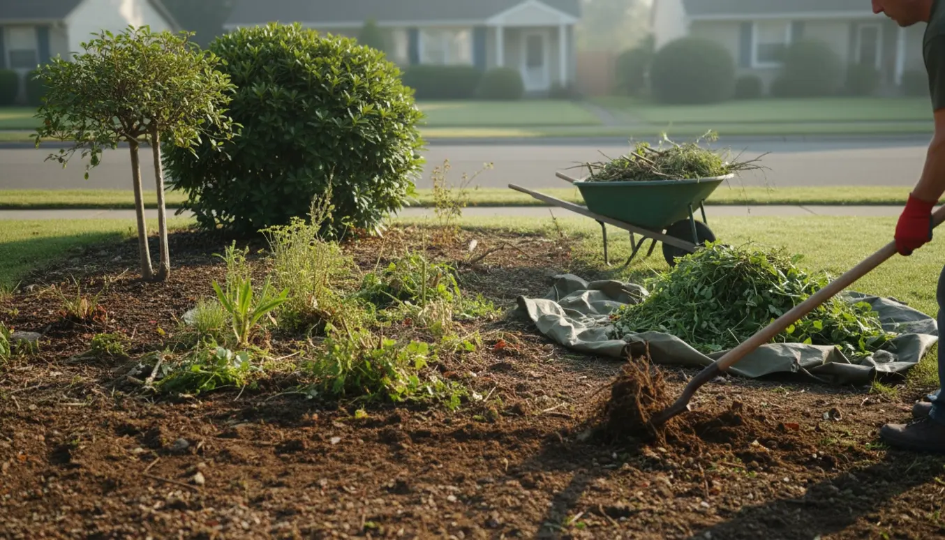Forhavebed ved en villavej bliver ryddet med handsker, spade og trillebør fyldt med grønt affald.