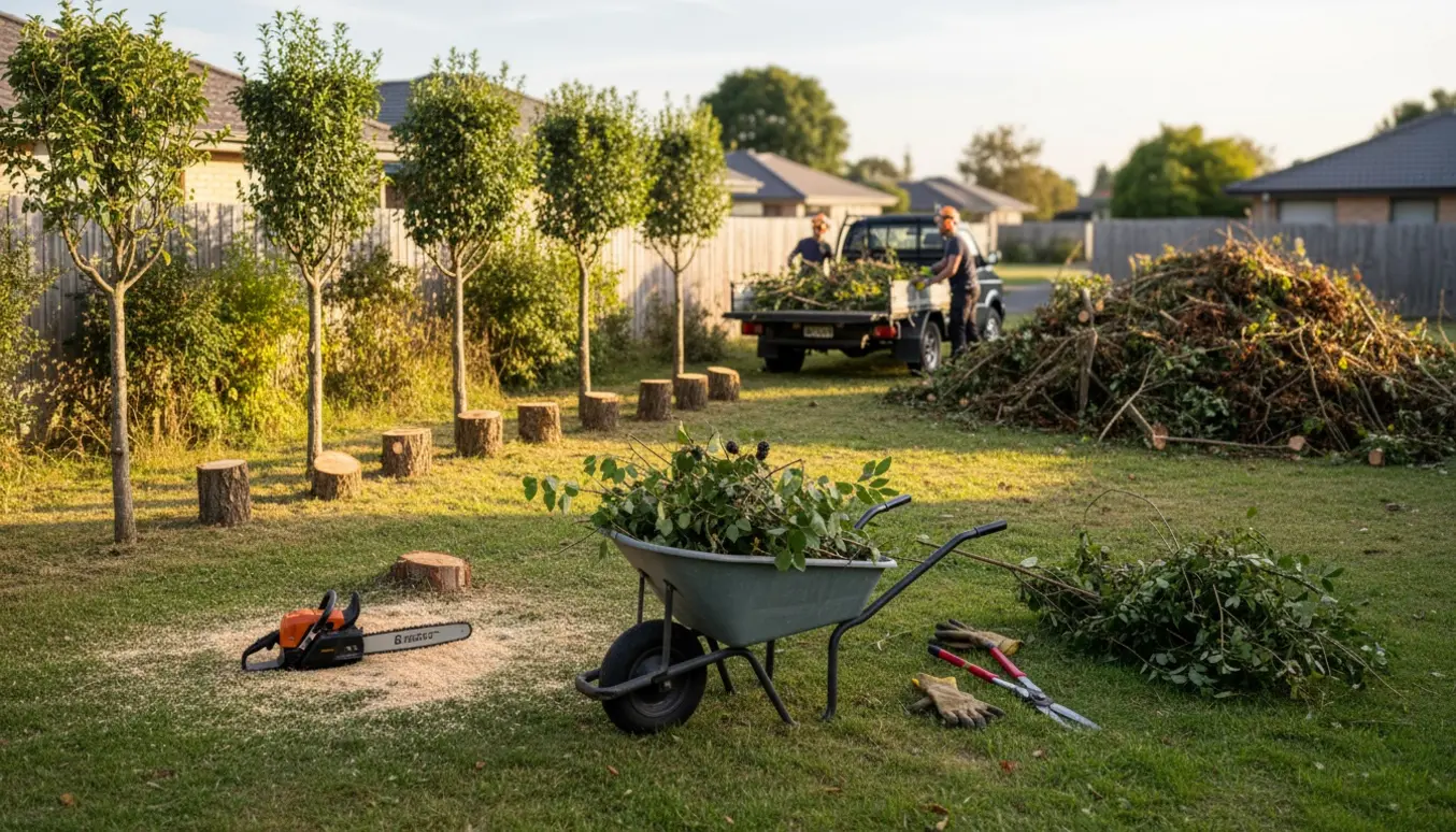 Rydning af ca. 100 m² have med fældede træer, brombærbuske og trailer fyldt med grene klar til bortkørsel.