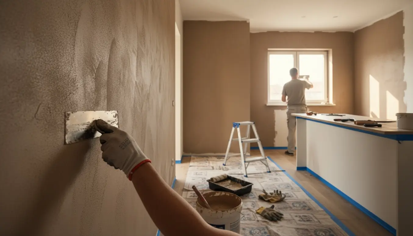 En hånd glatter farvet spartel på en væg i et køkkenområde med spand og værktøj i forgrunden.