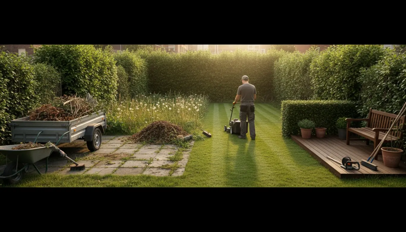 En overgroet have klippes og terrassen renses med trailer og haveaffald i baggrunden.