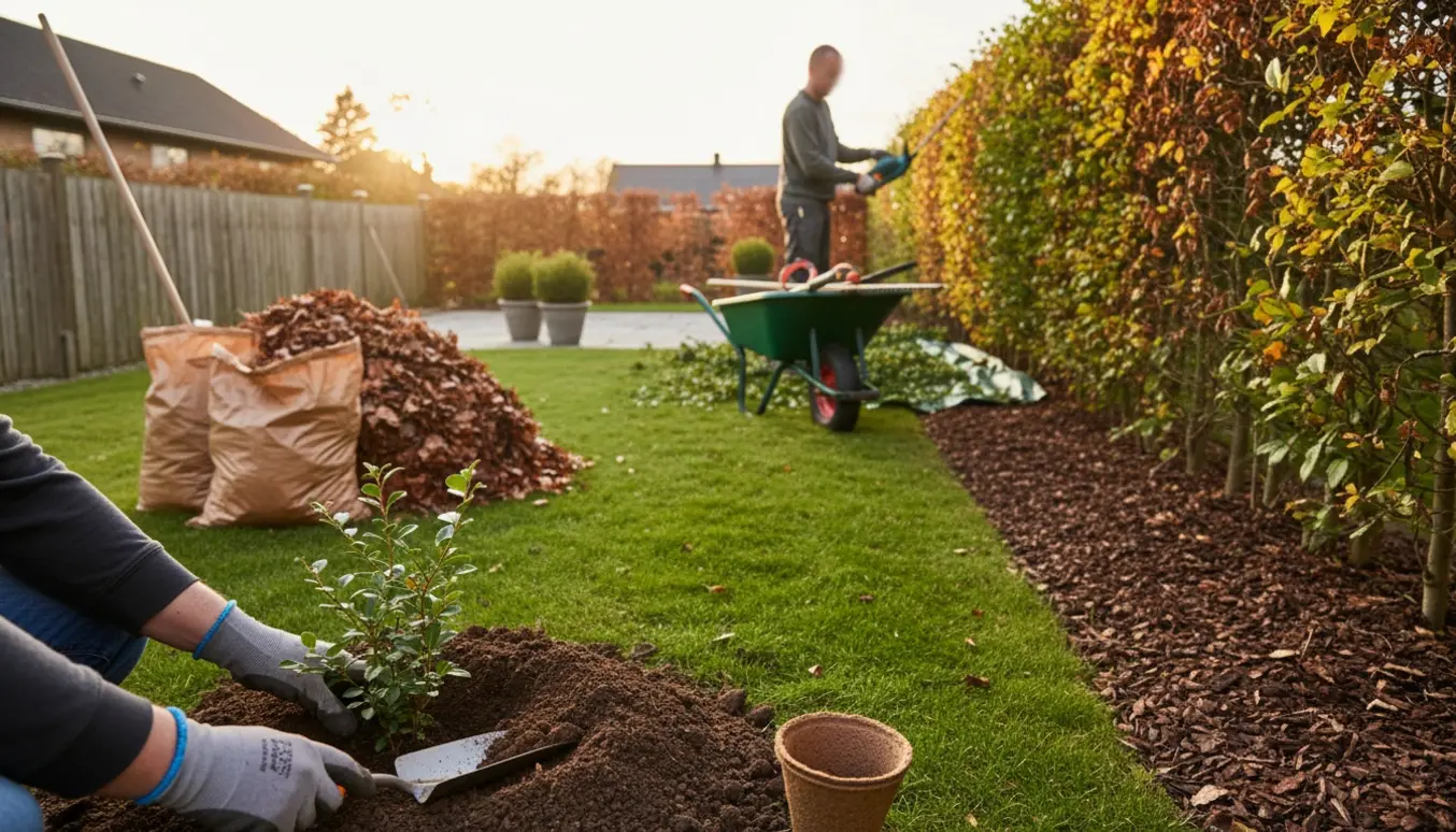 Hænder med handsker planter en ny busk i en velplejet have, mens en hæk klippes og blade samles.