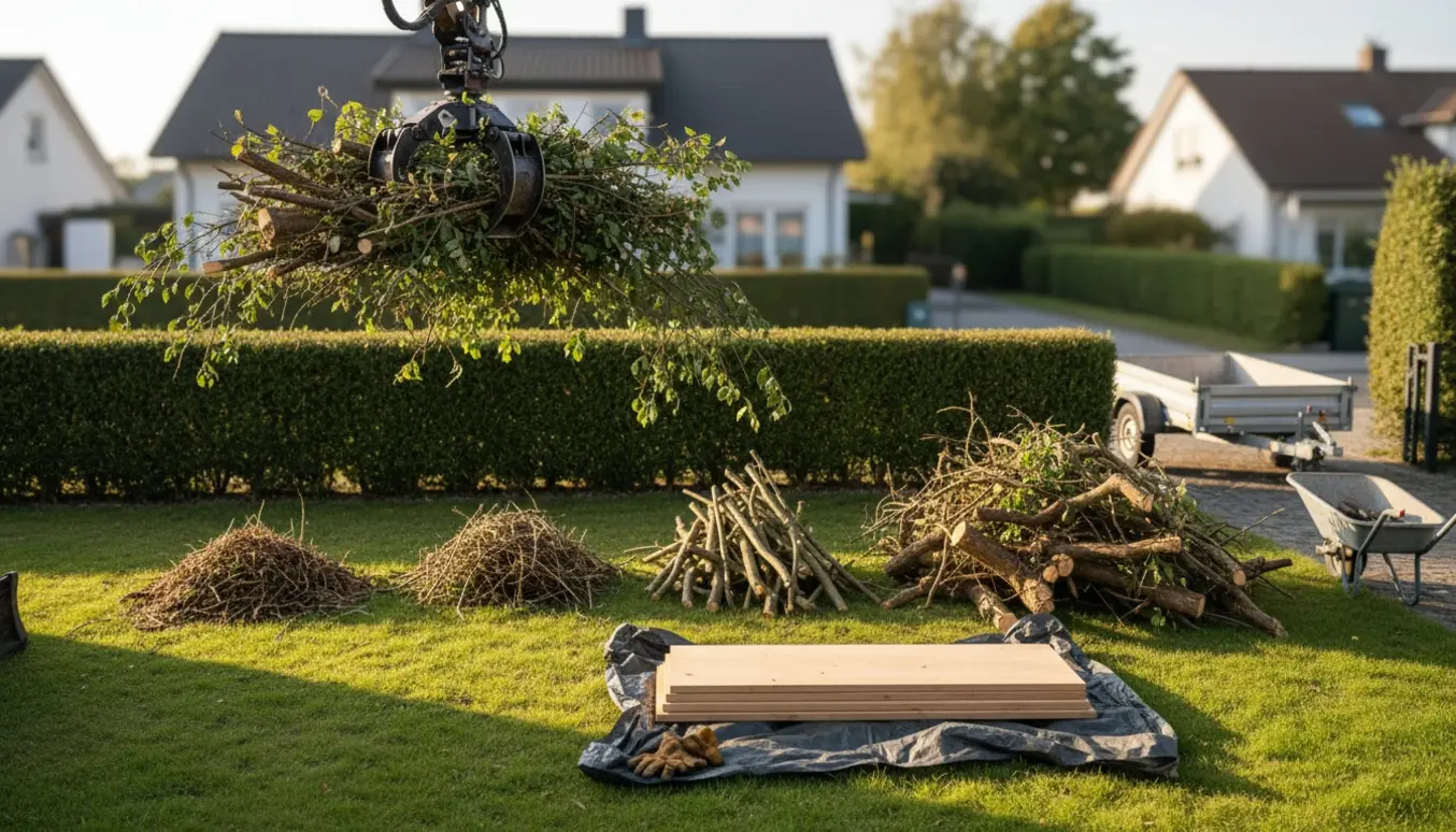 En grab løfter grene over en hæk fra tre bunker ved siden af en stak med fem 120 cm brædder.
