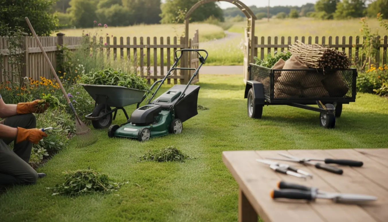 En privat have med nyklippet græs, redskaber og en læsset trailer klar med haveaffald.