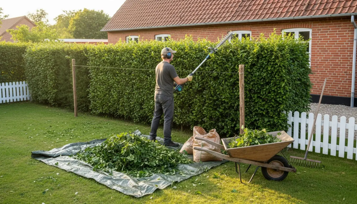 Gartner klipper toppen af en privat hæk i Spejlsby med afklip samlet i trillebør og poser klar til afhentning.