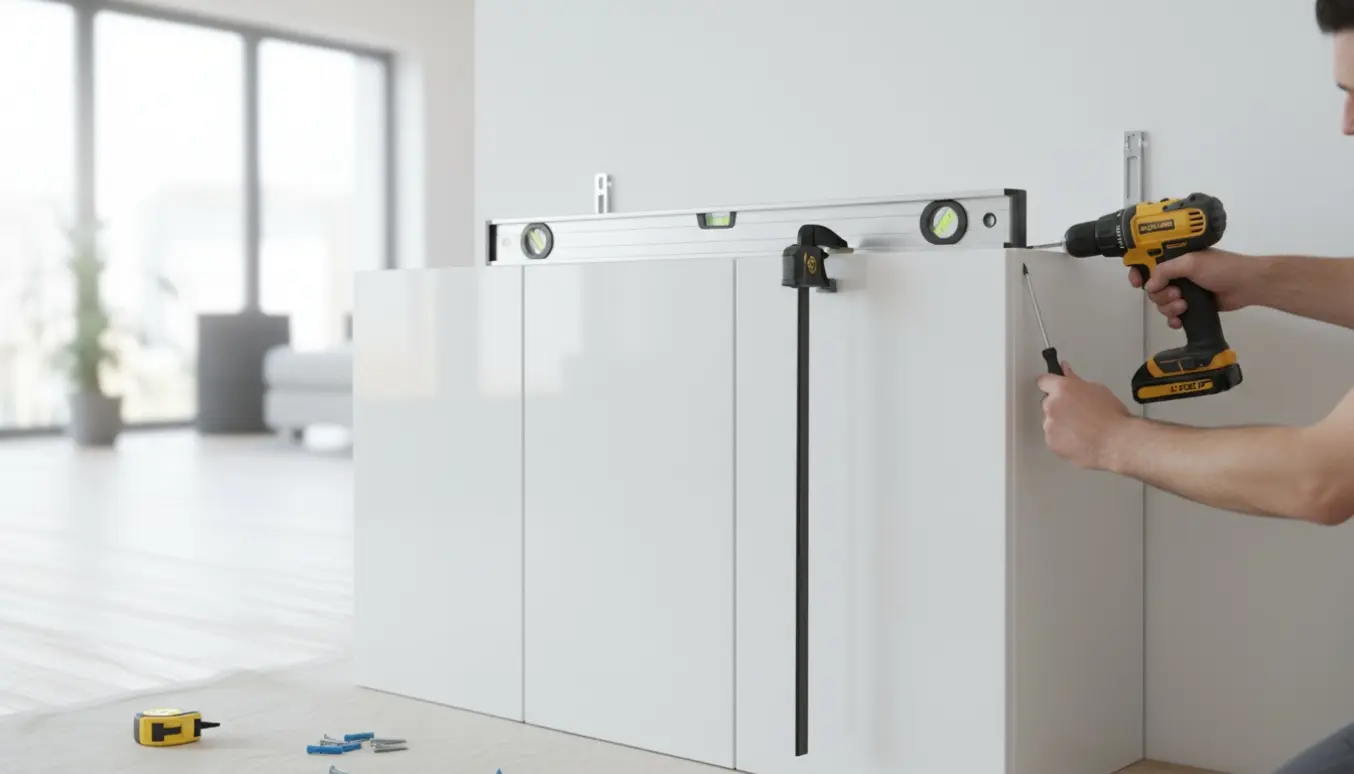 Hænder monterer og justerer to høje hvide skabe mod en gipsvæg med boremaskine, skruetrækker og vaterpas.