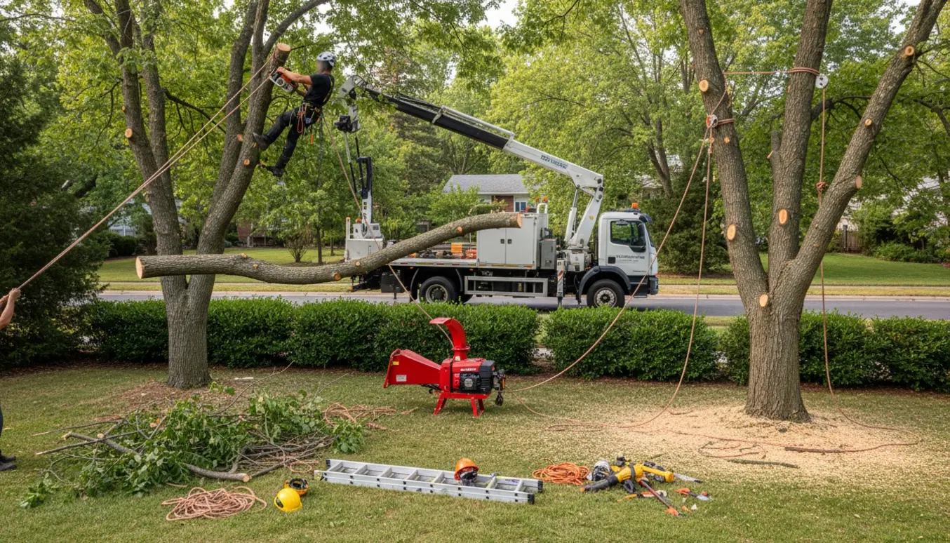 Arborister fælder trinvis to mellemstore træer i en baghave med lastbil og afklippede grene på græsset.