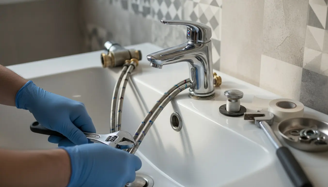 Udskiftning af krom blandingsbatteri ved et hvidt håndvask med værktøj og fleksible tilslutningsrør klar.