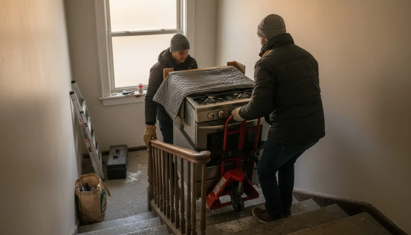 Et nedtaget gaskomfur pakket på en sækkevogn bæres ned ad en trappe i vinterlys på vej til genbrugspladsen.