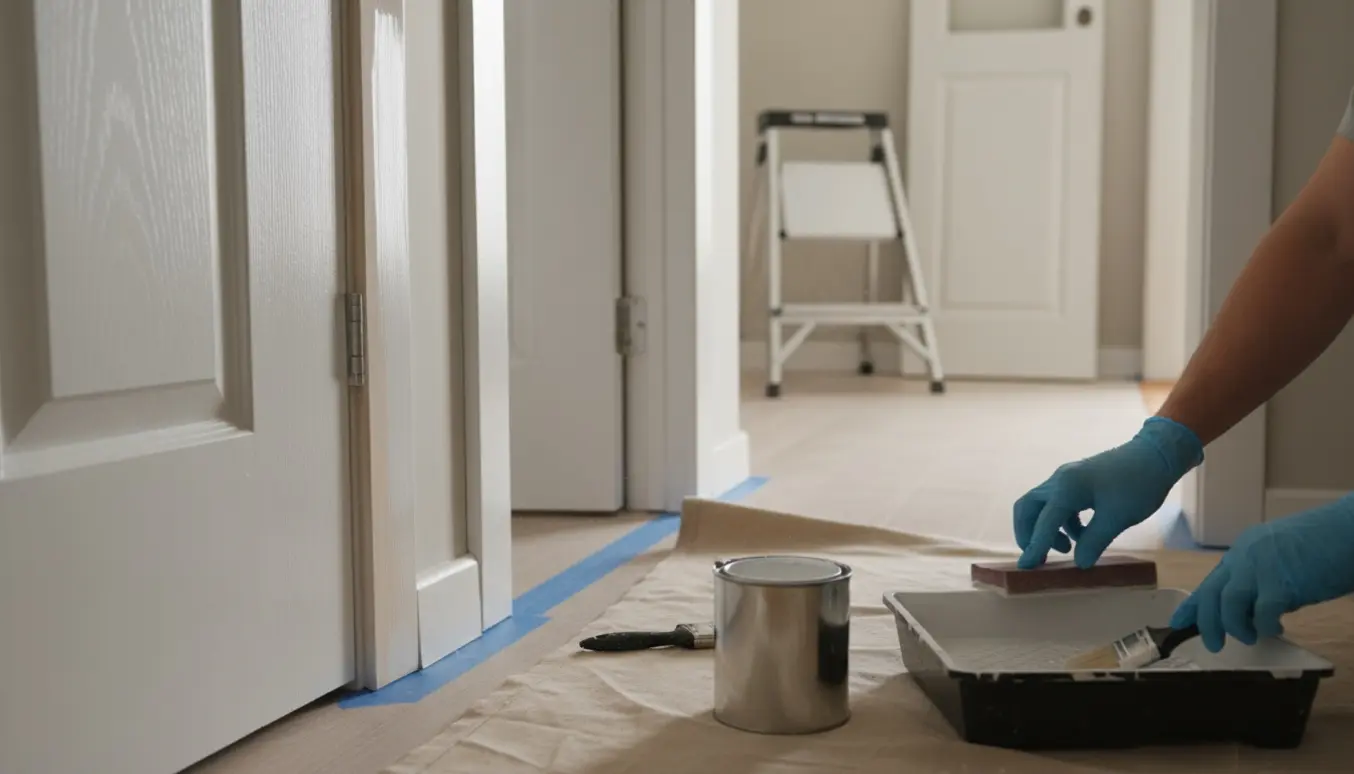 Nærbillede af hands-on slibning og maling af dørkarm i en lys lejlighed med malerværktøj.