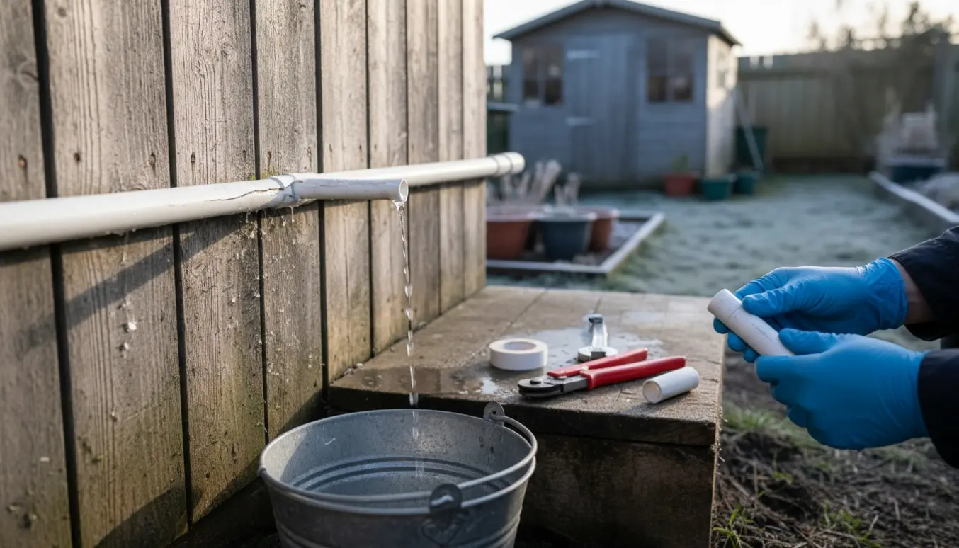 Hænder i handsker reparerer et frostsprængt plastikrør langs en kolonihavehusfacade med værktøj og en spand til vand.