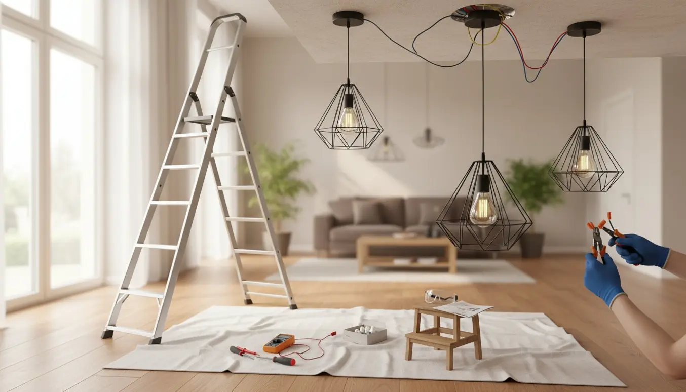 Hænder på en stige installerer tre loftslamper i et rum med 3,5 m loft, synlige ledninger og værktøj på et tæppe.