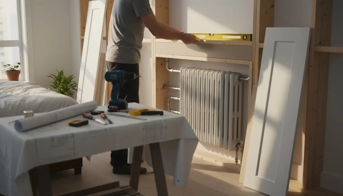Delvist monteret indbygget skab rundt om en radiator med håndværkerens hænder og værktøj i fokus.