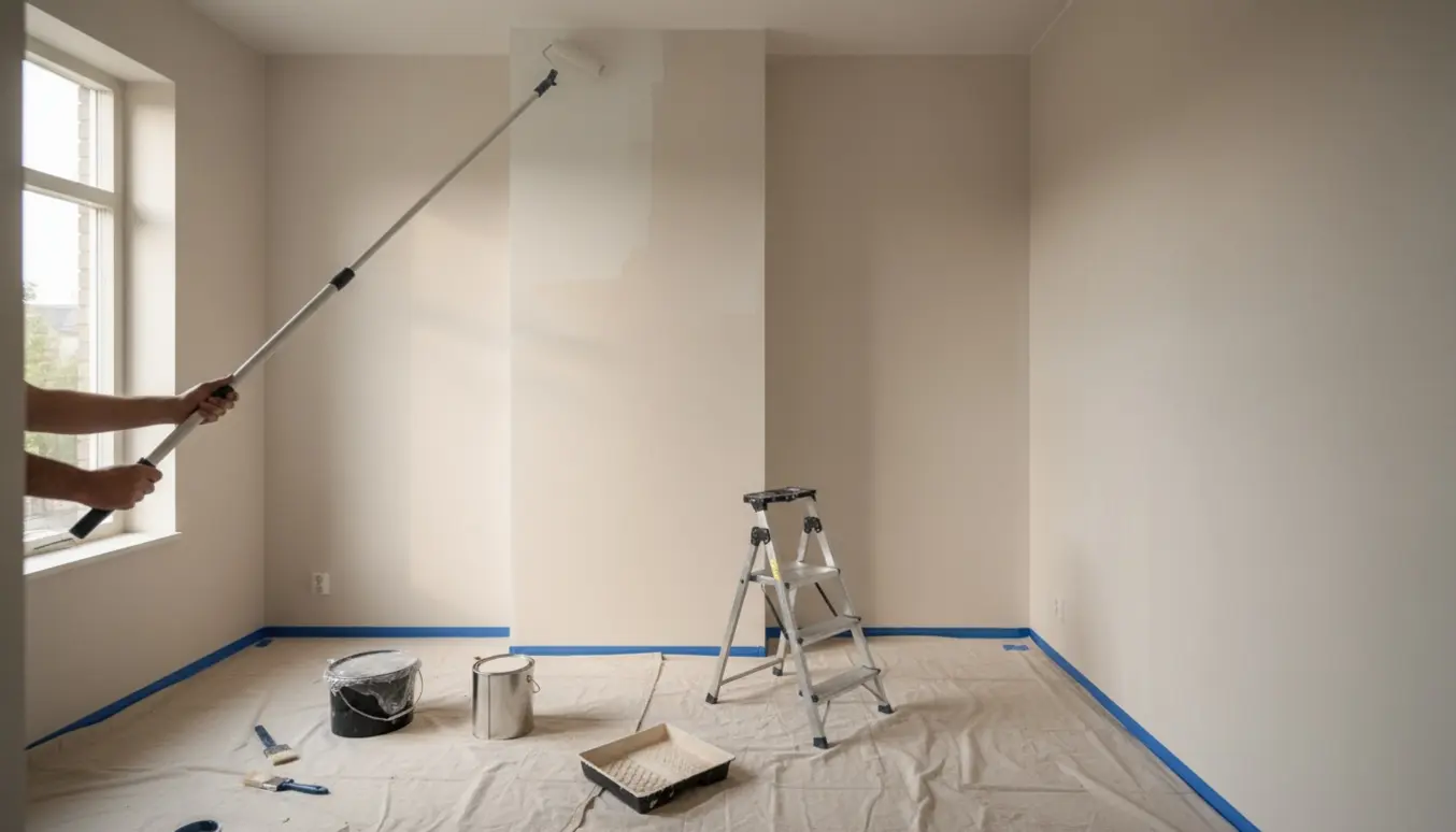 Hænder ruller et lag S0500 off-white maling på høje vægge i to solbelyste, ryddelige værelser med stige og malerbøtte i forgrunden.