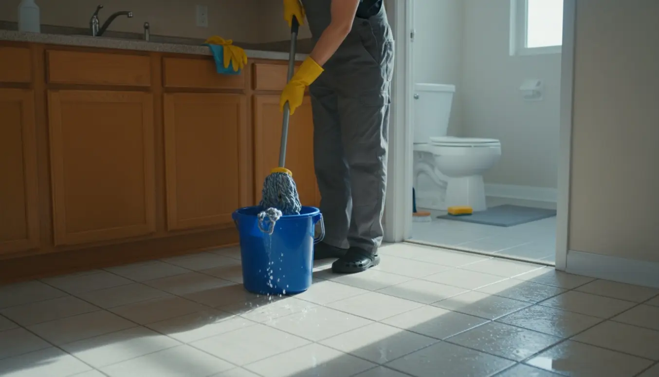 Nærbillede af en person, der mopper køkken- og badeværelsesgulv med spand og handsker.