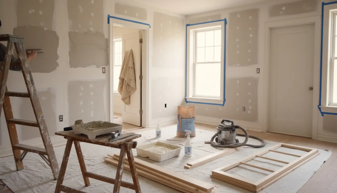 Kontor under renovering med spartlede vægge, malergrej og opdaterede karme og fodlister i dagslys.