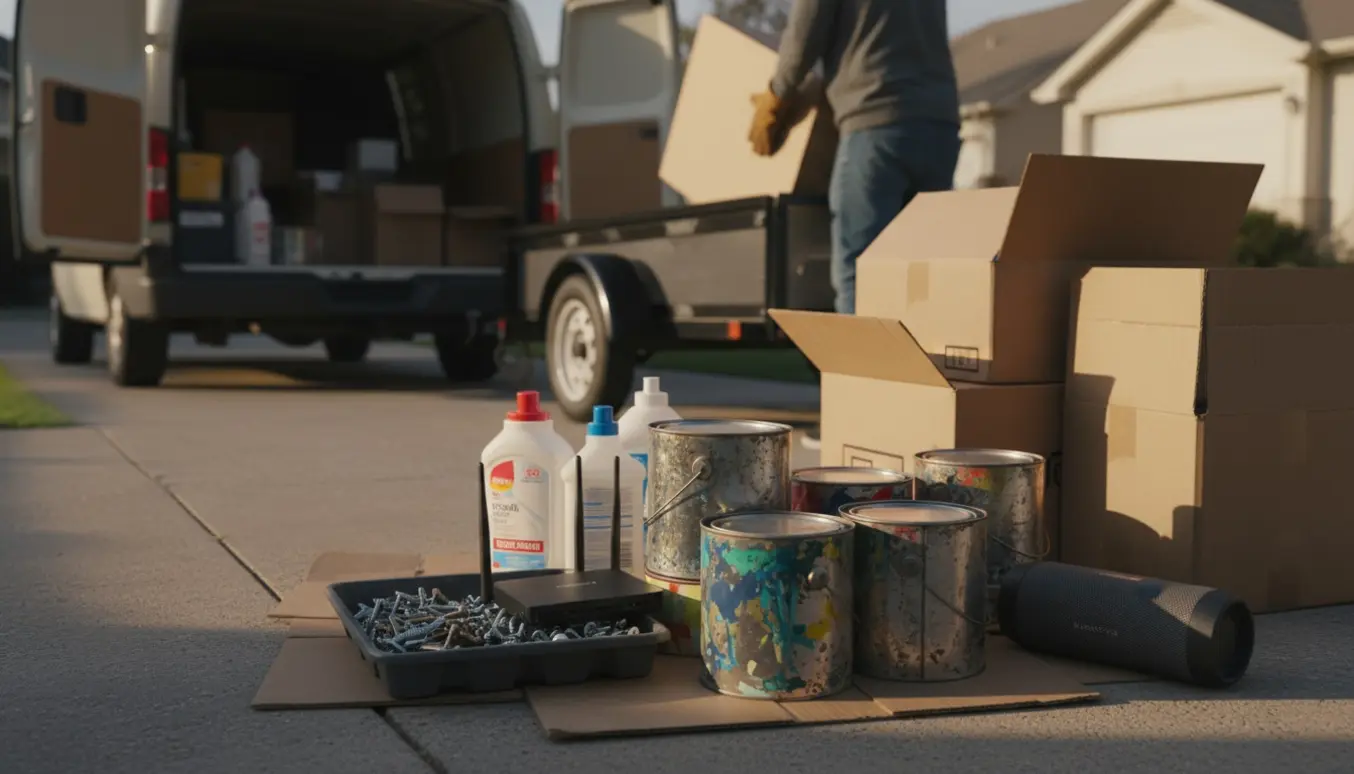 Varevogn og trailer fyldt med papkasser, malerbøtter, rengøringsflasker og elektronik klar til bortskaffelse.