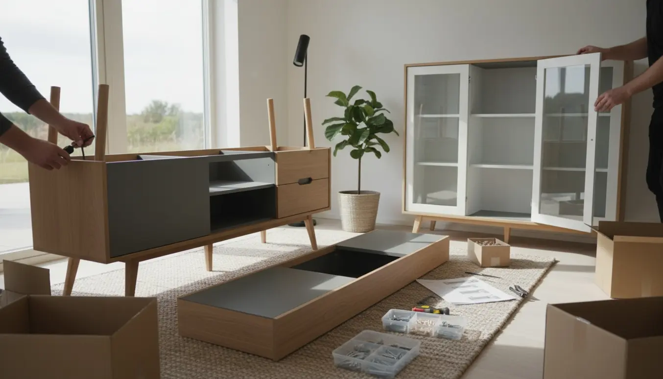 Hænder monterer ben og døre på en Mistral skænk ved siden af et Ikea-skab i en lys stue.