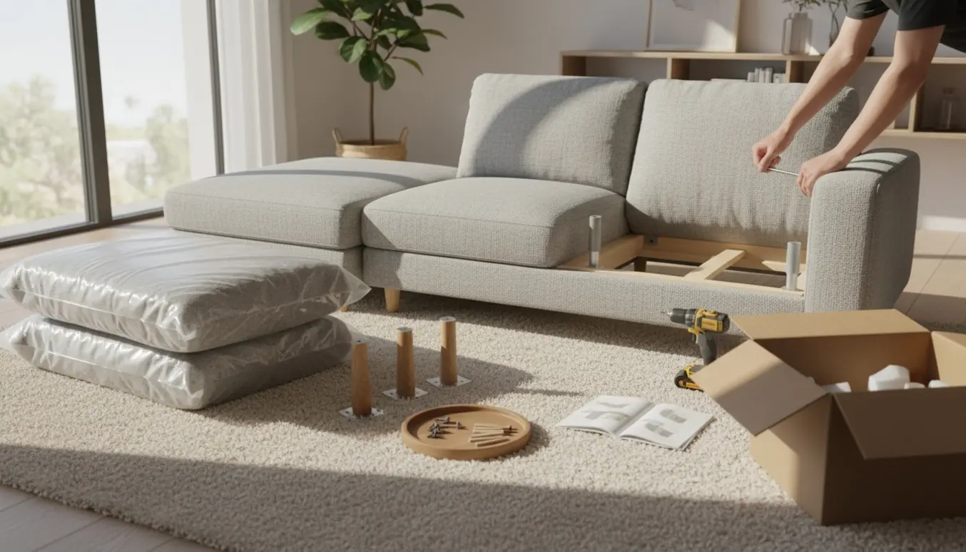 Delvist samlet sofa i en lys stue med værktøj og puder klar til montering.