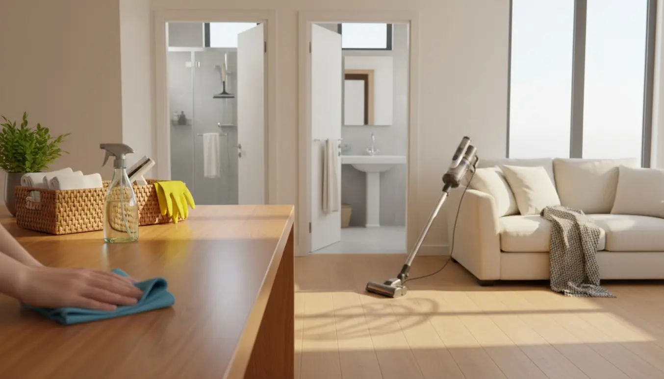 Hænder aftørrer et køkkenbord med mikrofiberklud i et lyst, ryddeligt hjem med stue, køkkenalrum og badeværelser synlige.