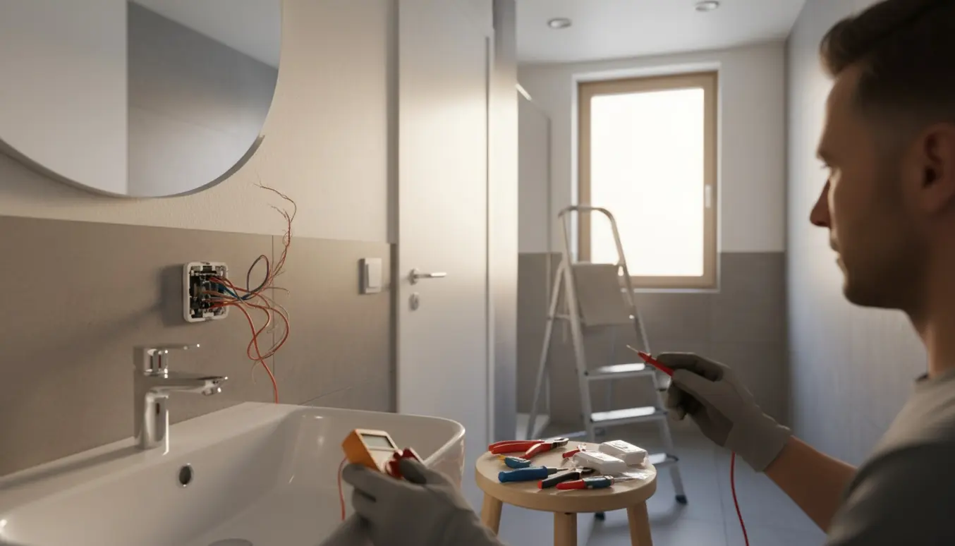 Reparation af åben stikkontakt i badeværelse med værktøj og dusede spots, ingen ansigter synlige.