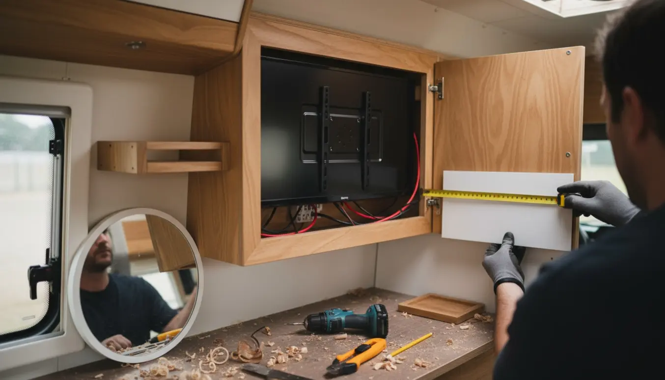 Indvendig i en autocamper med hænder, der monterer et TV i et skab og tilpasser en hvid akrylplade og pynteliste.