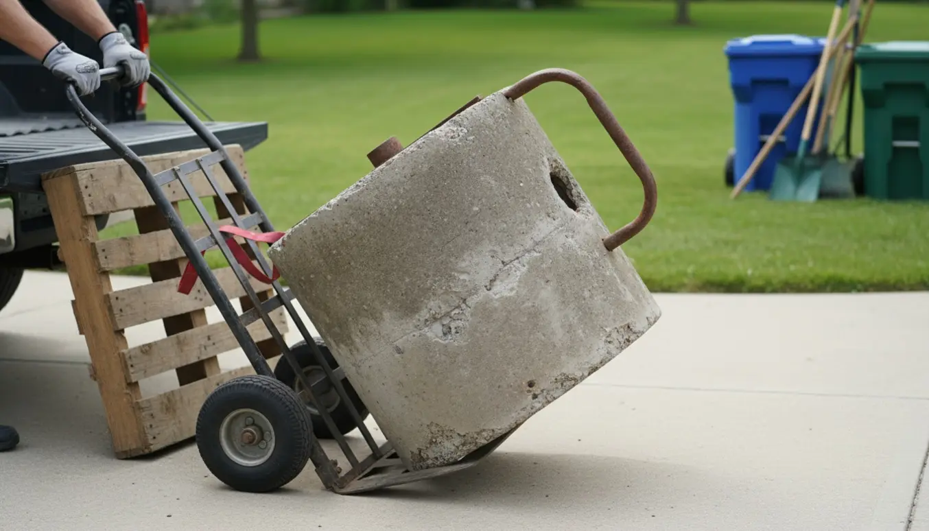 En tung betontromle på en flyttevogn ved indkørslen, klar til bortkørsel.