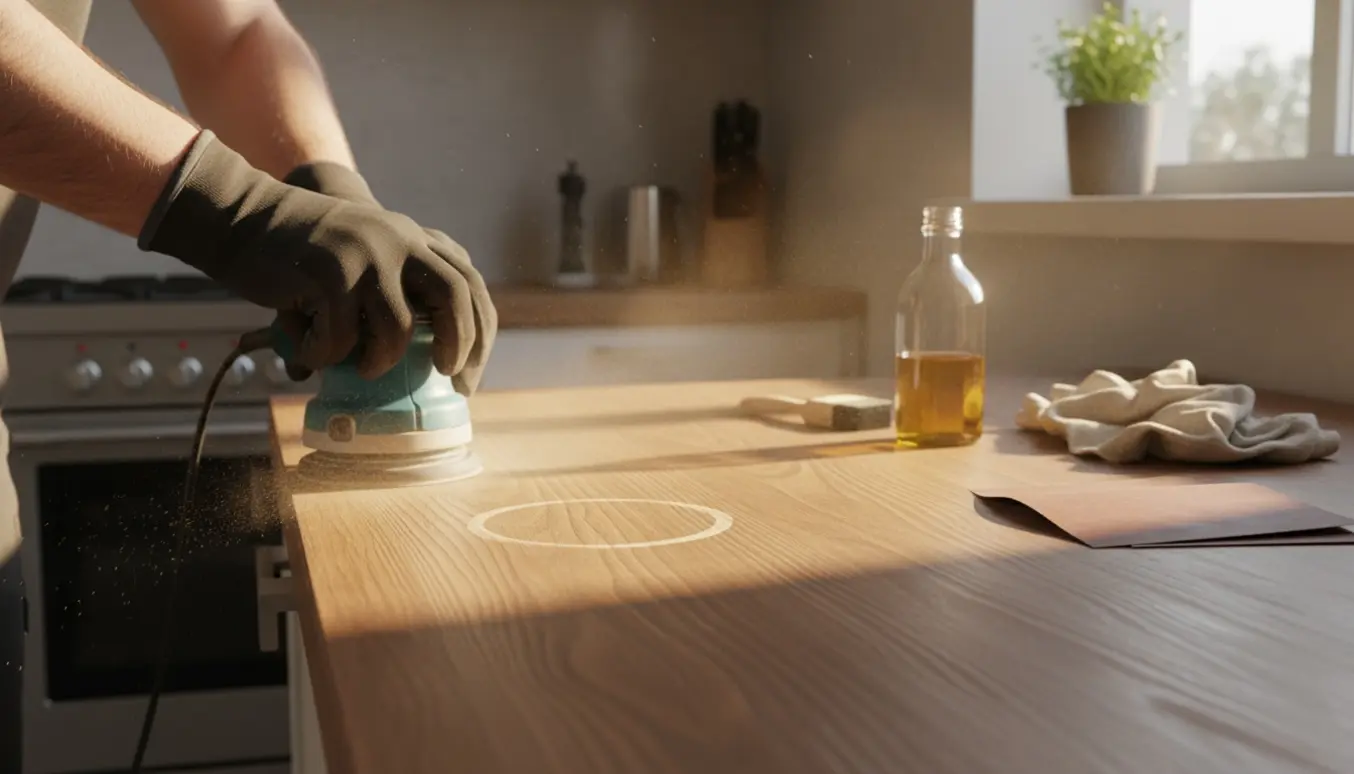 Nærbillede af hænder, der sliber og olierer en træ-køkkenbordplade for at fjerne en ringplet.