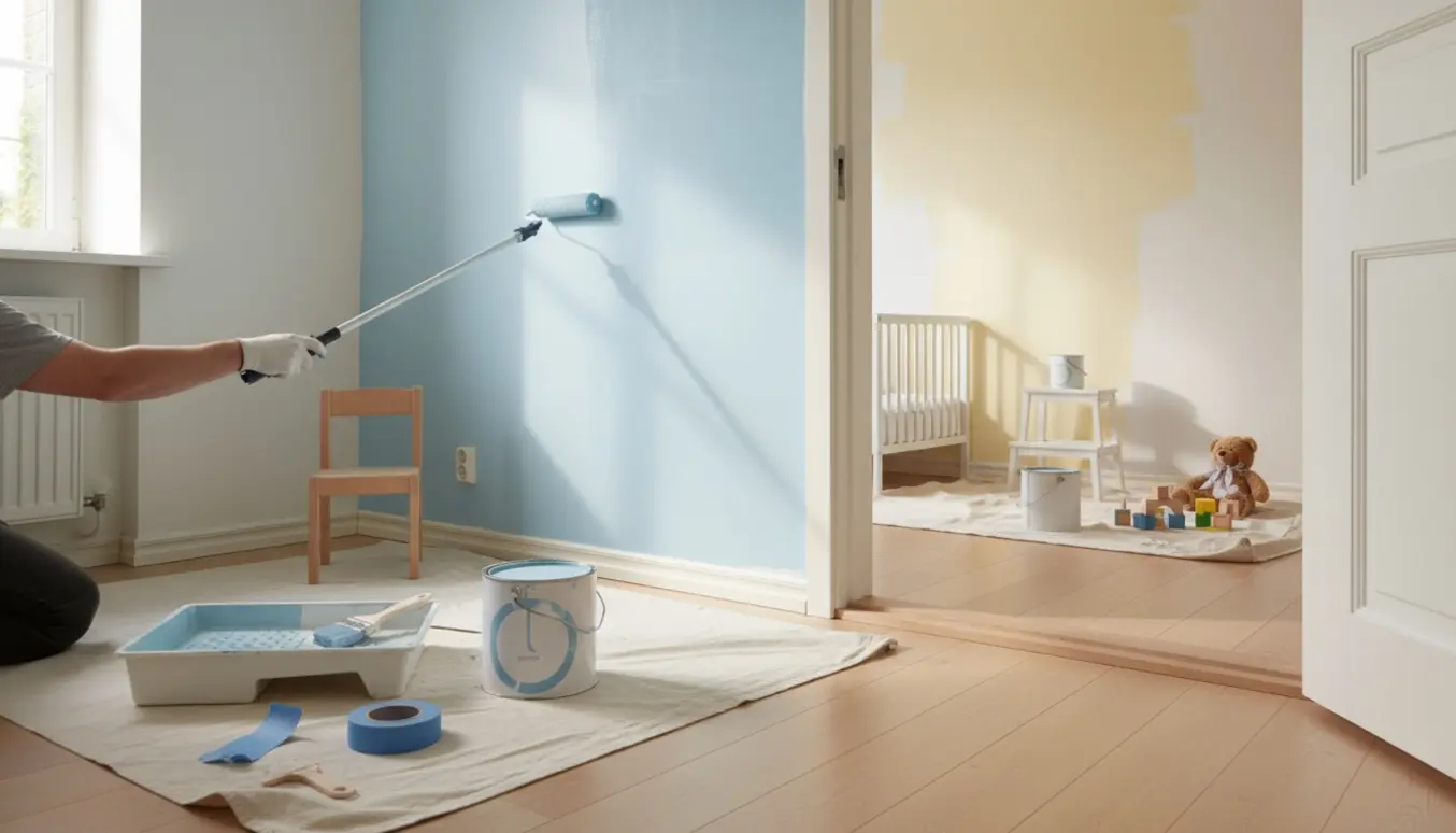 To børneværelser i færd med at blive malet i pastelfarver med malerudstyr og afdækningsdug i dagslys.