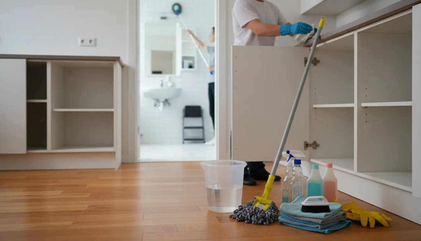 Tom lejlighed under fraflytnings-hovedrengøring med rengøringsudstyr i forgrunden og handsker der tørrer køkkenskabe af.