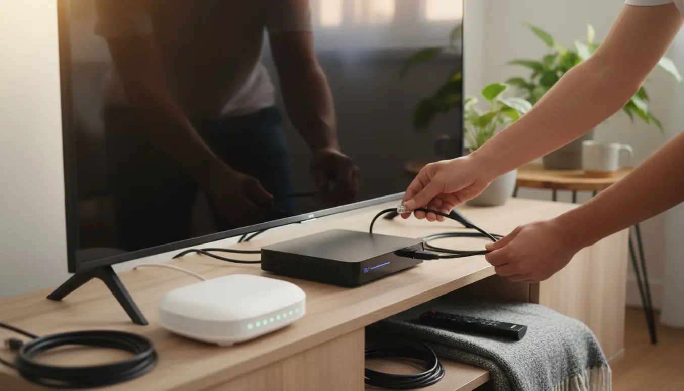 Tekniker tilslutter en tv-boks til et fladskærms-tv i en lys stue uden tydelige ansigter.